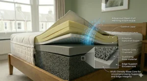 A technical diagram with a magnified view of deeper core channels, stabilizing base material, and edge support encasement for uncompromising mattress edge integrity.