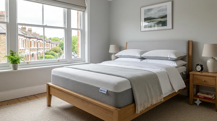 A photorealistic hero image showing a premium hybrid cooling mattress on a modern bed frame in a light-filled British bedroom. best cooling mattress