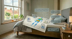 Alt text for image 6: Illustration 5, a photorealistic, educational infographic comparing different sleeping positions for back pain sufferers. It includes separate panels for side sleeping and back sleeping with specific notes on foam responsiveness and lumbar support in each position, helping the UK viewer identify their ideal posture.