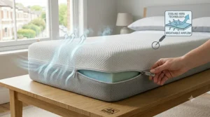Close-up texture shot of a removable, washable mattress protector fabric woven with heat-management cooling yarn.
