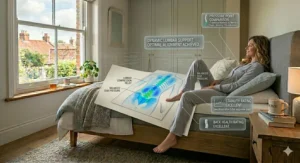 Alt text for image 8: Illustration 7, a photorealistic temperature regulation infographic. Faint blue air currents and 'cooling' icons demonstrate natural airflow through open-cell foam layers. Text labels highlight breathable materials and cooling gel technology designed for comfortable temperature management, important for restless sleepers with back pain.