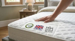 A close-up photograph of the high density memory foam mattress surface showcasing printed certification labels including the CertiPUR-UK logo, a British Made Union Jack emblem, and the BS 7177 fire safety compliance mark under a resting han