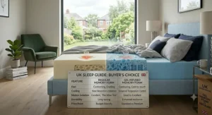 A pros and cons comparison checklist helping UK shoppers choose between gel memory foam vs regular memory foam based on budget, sleeping position, and warmth preferences.