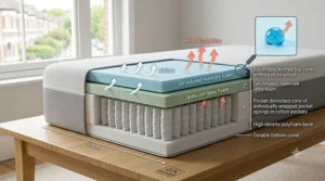 Cross-section diagram of a cooling hybrid mattress showing gel-infused memory foam, breathable comfort layers, and pocket springs for heat dissipation.
