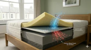 A technical graphic illustration of a memory foam mattress structure featuring a gel-pocket cooling grid with blue and red airflow indicator lines to represent breathability.