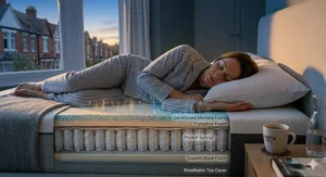 Graphic illustrating airflow through cooling gel-infused memory foam to regulate body temperature for side sleepers.