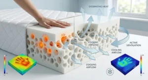 Illustration demonstrating temperature regulation and heat dissipation in a cooling open cell memory foam mattress.
