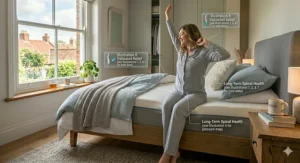 Alt text for image 9: Illustration 8, in a photorealistic style, showing an angled view of the mattress edge support. A person sits on the very edge of the memory foam mattress, showing significant stability and resilience. Cutaway graphics show reinforced foam edges preventing sag and facilitating easy, pain-free getting in and out of bed.