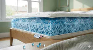 A detailed cross-section of a cooling gel mattress showing a top comfort layer lifted to reveal thousands of blue and silver gel beads embedded into an open-cell foam structure.