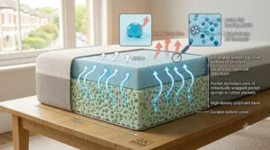 Close-up illustration of blue gel beads embedded within memory foam layers designed to absorb and regulate body temperature during sleep.