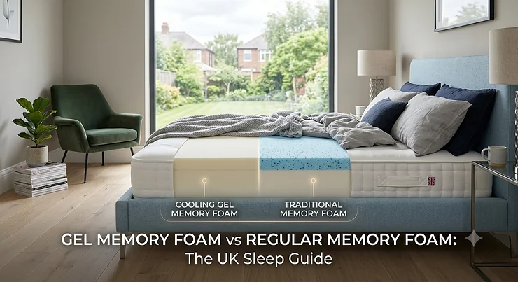 A side-by-side comparison diagram showing regular memory foam vs gel memory foam mattress layers, highlighting the heat-retaining closed-cell structure of standard foam versus the cooling gel beads that disperse heat.