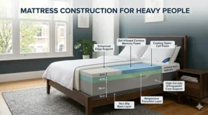 A 3D technical cross-section diagram showing the internal layers of a memory foam mattress, detailing the gel-infused foam, transition layers, and a high-density orthopaedic core support for heavy people.