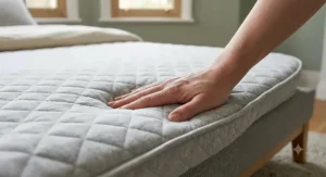 A detailed photorealistic close-up photograph capturing a hand pressing into the specific quilted surface of the high-density memory foam mattress, illustrating its pressure-relieving support.