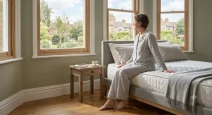 A photorealistic photograph set in the light-filled British bedroom, showing a person sitting comfortably on the edge of the mattress to demonstrate correct ergonomic spine alignment and supportive posture.