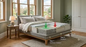 A photorealistic infographic set in a British bedroom, showing a cutaway of the multi-layer high density memory foam mattress with a conceptual timeline demonstrating resistance to sagging over ten years.