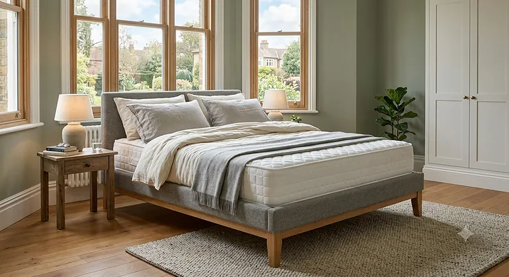 A premium high density memory foam mattress with a quilted cover, positioned in a brightly lit modern British bedroom with traditional sash windows.