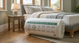 A photorealistic detailed photograph showing the compressed and rolled high density memory foam mattress within its vacuum-sealed packaging, detailing delivery convenience and specific UK dimensions.