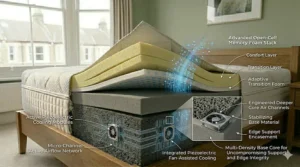 A premium mattress diagram displaying an integrated piezoelectric fan-assisted cooling system inset, designed for enhanced thermal regulation in high-density memory foam.