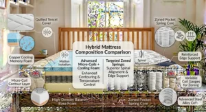 A comprehensive hybrid mattress composition comparison diagram detailing advanced micro-coils, copper cooling memory foam, and a zoned pocket spring core.