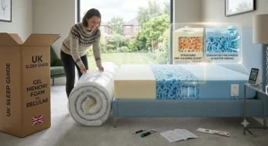 Graphic illustrating a new mattress being unboxed in a UK bedroom, explaining the differences in initial off-gassing scent and airing-out times for regular vs gel-infused foam.