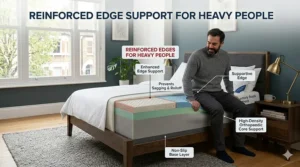 A technical infographic demonstrating reinforced edge support on a memory foam mattress, featuring a man sitting comfortably on the supportive edge to prevent sagging and rolloff.
