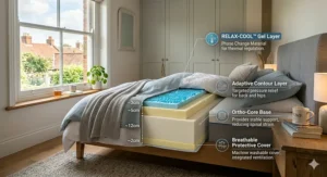 Alt text for image 2: Illustration 1, in a photorealistic style, showing a cross-section diagram of the memory foam mattress from image 1. It details multiple supporting layers, clearly identifying a blue 'Relax-Cool Gel Layer', a grey 'Adaptive Support Layer', and a dense charcoal grey 'Base Layer', demonstrating the interior structure and foam technology.