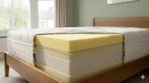 A detailed cross-section cutaway showing the pristine yellow comfort layer, transitional layers, and dense base core of a modern memory foam mattress on a wooden bedstead.