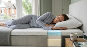 Diagram showing how a memory foam mattress contours to a side sleeper’s shoulders and hips to maintain neutral spinal alignment.