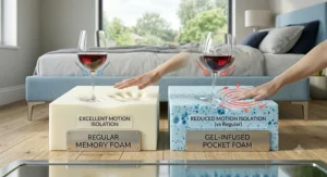 Illustration of a partner moving on one side of a bed while a wine glass stays perfectly still on the other side, demonstrating the excellent motion isolation behaviour of both foam types.