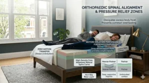 An infographic illustrating zero motion transfer performance for heavy couples, featuring a side-by-side comparison diagram showing deep supportive imprints versus an undisturbed surface.