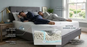 Illustration depicting motion isolation benefits of an open cell memory foam mattress to prevent partner disturbance.