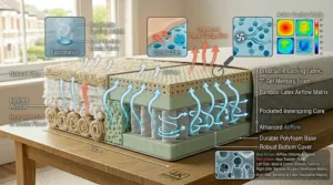 Graphic highlighting natural, breathable materials like British wool, organic cotton, and bamboo fibres used in eco-friendly cooling mattresses.