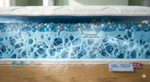 A close-up cross-section diagram highlighting the advanced 3D open-cell foam structure with arrows indicating an enhanced airflow path passing through the cooling gel layer.