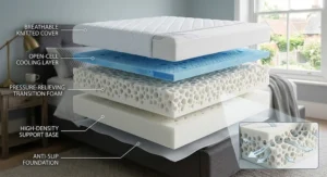 Exploded view diagram highlighting the multi-layer construction of a UK open cell memory foam mattress.