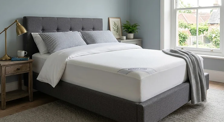 A luxury open cell memory foam mattress displayed on a modern bed frame in a British bedroom.