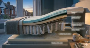 Comparison diagram between a traditional UK pocket sprung mattress and a pressure-relieving memory foam mattress for side sleepers.