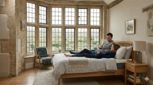 A compressed and rolled memory foam mattress under £200 being unpacked from its delivery box onto a wooden bed frame.