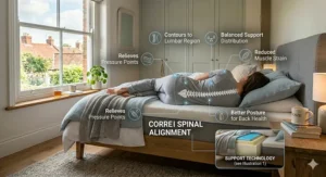 Alt text for image 3: Illustration 2, a photorealistic comparison illustration. It places poor spinal alignment on a thin, sagging traditional spring mattress side-by-side with perfect spinal alignment on a responsive memory foam mattress. Clear graphics highlight the contours supporting the lumbar spine and reducing strain for effective back pain relief.