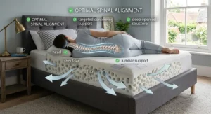 Anatomical illustration showing optimal spinal alignment supported by an open cell memory foam mattress.