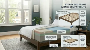 A technical graphic highlighting sturdy bed frame and base compatibility, showing reinforced wooden slats, extra central support legs, and platform or divan base options.