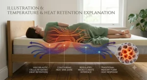 Graphic illustrating how a traditional memory foam mattress reacts to body warmth to provide tailored orthopedic support.