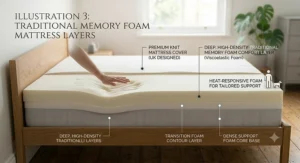 Labeled cross-section diagram showing the high density support foam and comfort layers of a traditional memory foam mattress.