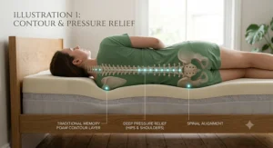 Illustration of side sleeper spinal alignment on a traditional memory foam mattress, showing close contouring around hips and shoulders.