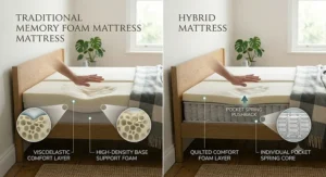 Comparison illustration showing the difference in sink and support between a traditional memory foam mattress and a pocket sprung hybrid.