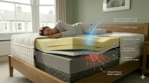 An illustration of a woman sleeping comfortably on her side on a memory foam mattress, showing advanced open-cell support and proper pressure relief across the mattress layers.