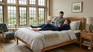 A size comparison chart showing standard UK mattress dimensions from single and small double to double and king size.