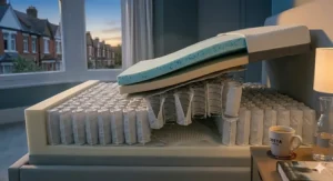 Size guide graphic showing dimensions for standard UK memory foam mattresses from Single to Super King.