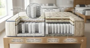 Cross section diagram of a 1000 pocket spring king size mattress highlighting the individual fabric pockets and breathable fillings.