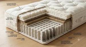 Cross-section diagram of a 1000 pocket spring mattress showing the individual fabric pockets and natural filling layers.