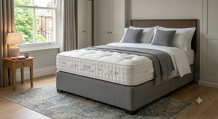 A luxury 1000 pocket spring mattress on a classic UK double bed base in a modern British bedroom.